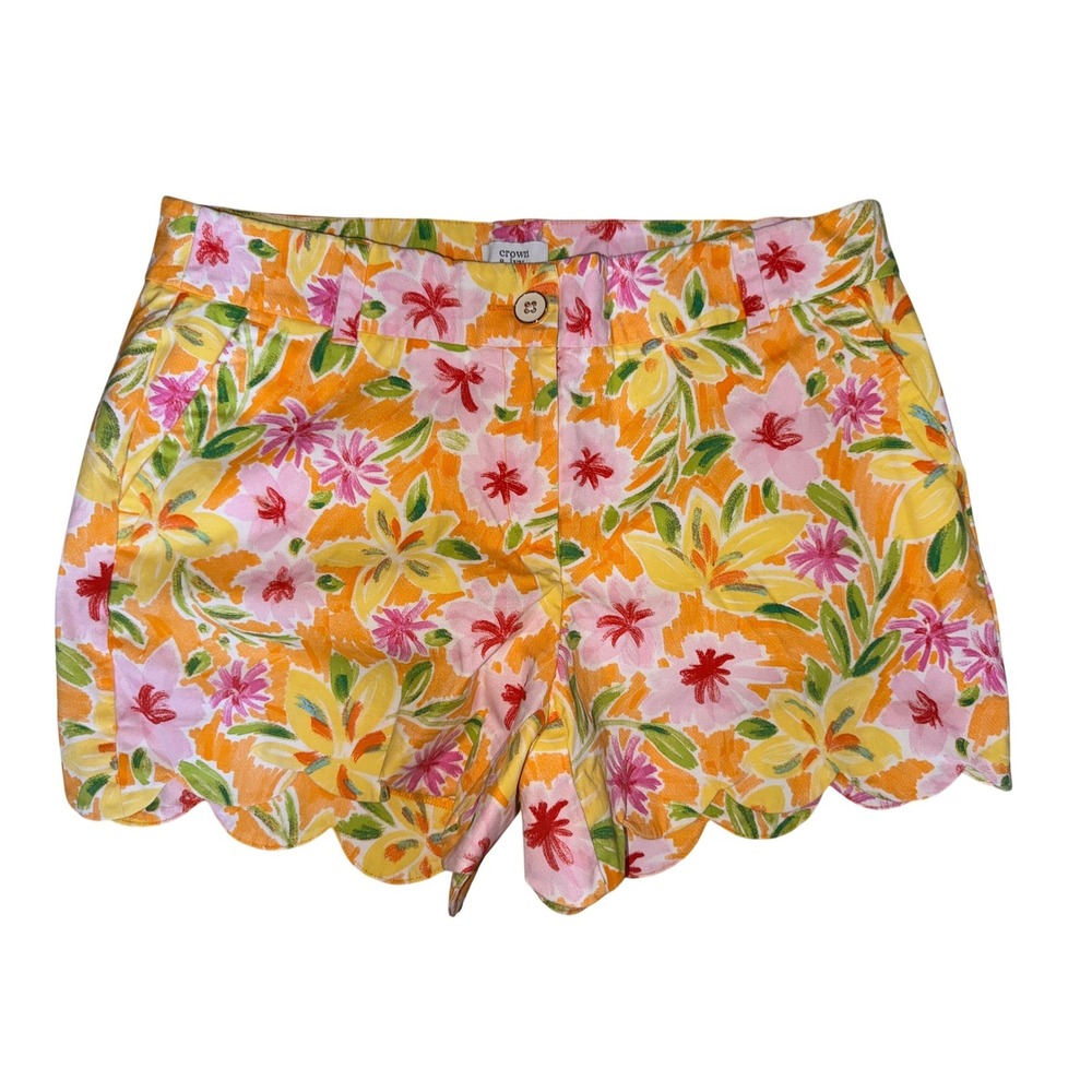 Crown & Ivy Shelby Shorts Womens 8 Orange Floral Scalloped Hem Summer Cotton - Picture 2 of 5